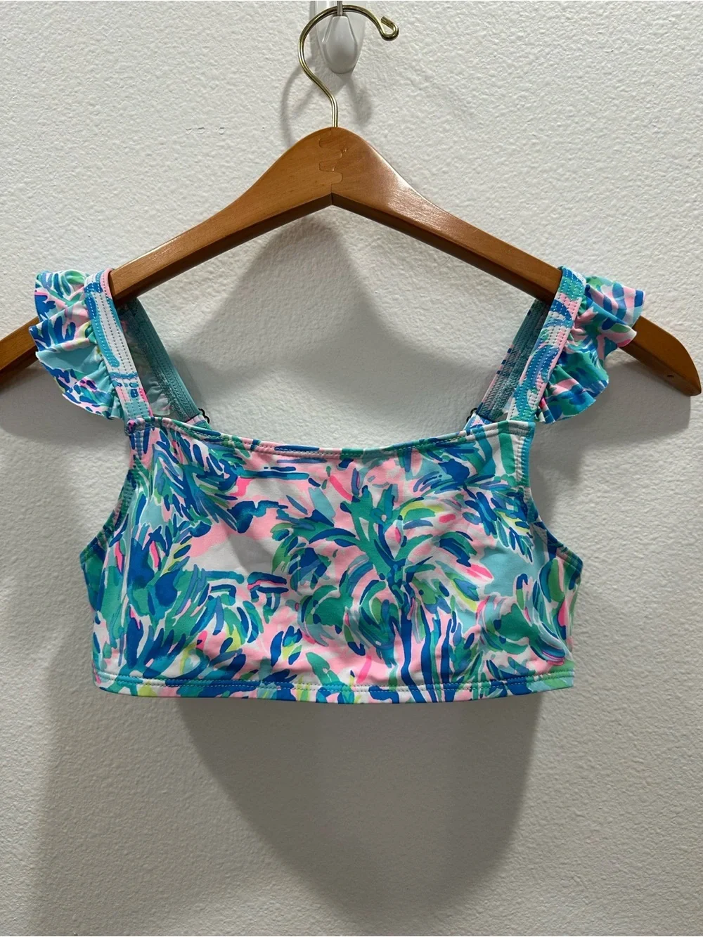 Lilly Pulitzer girls swim suit Tropical Print Ruffle Strap Crop Swim Top pink